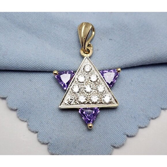 Unique 14K Two Tone Multi Color Gold Star of David CZ & Amethyst Charm Pendant